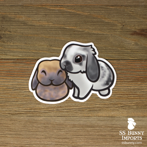 Bonded lop bunnies sticker - lilac tort, broken blue