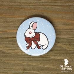 White rabbit with gift bow pinback button