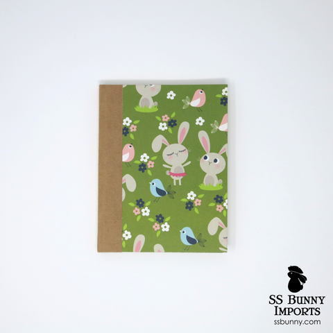Green field bunny and bird blank journal