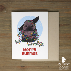 Merry Bunmas card - black tort half lop w/ string lights